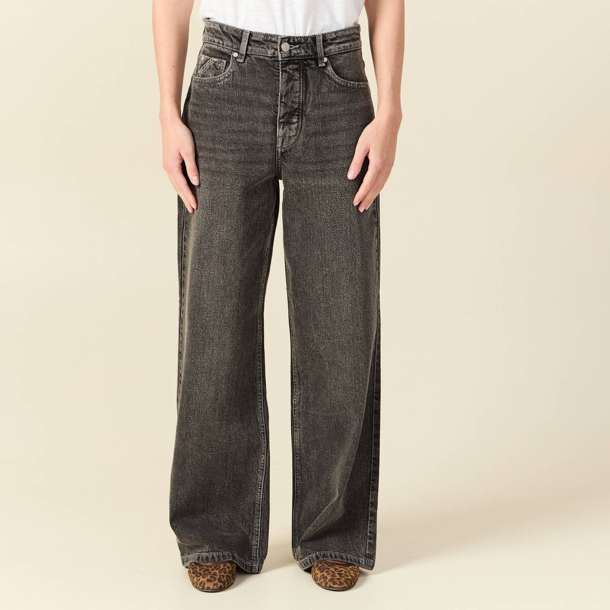 Jeans large taille haute denim snow gris femme
