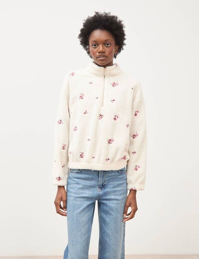 Sweat bouclette sherpa col montant ivoire femme