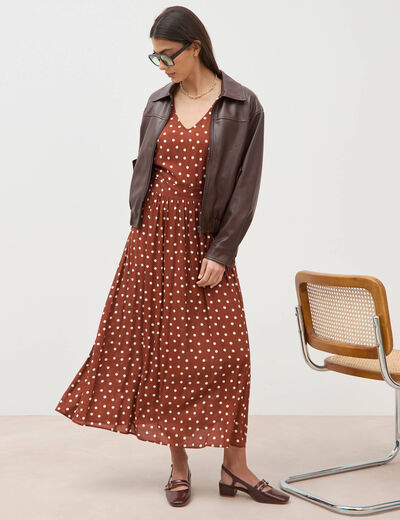 Robe longue &eacute;vas&eacute;e col v manches courtes marron cognac femme