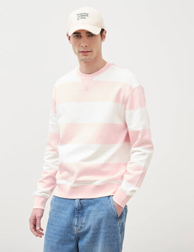 Sweat ray&eacute; col rond manches longues rose poudr&eacute;e homme
