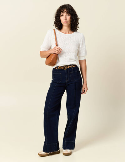 Pull manches courtes ajouré creme femme