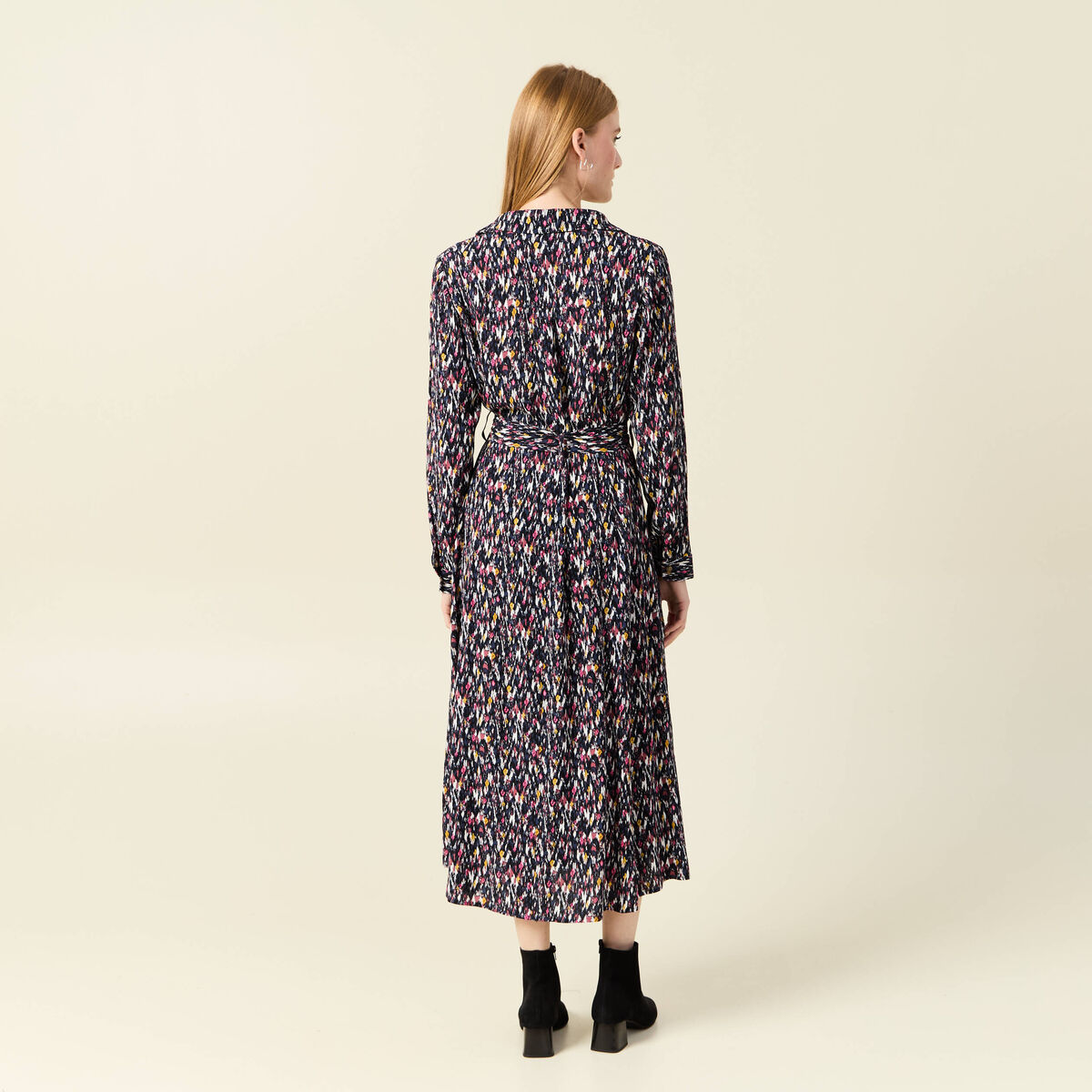 Robe chemise longue évasée bleu marine femme