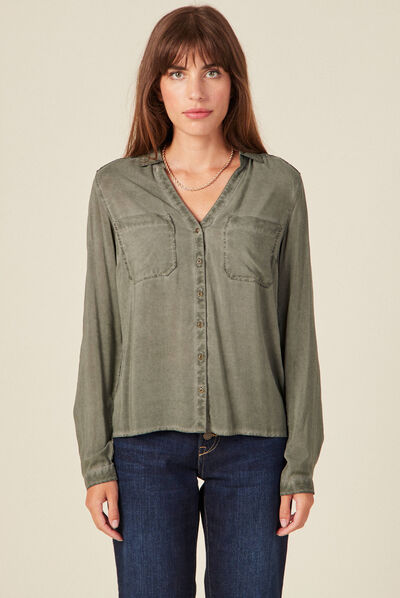 Chemise manches longues vert kaki femme
