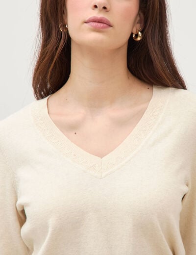 Pull droit col v manches longues creme femme