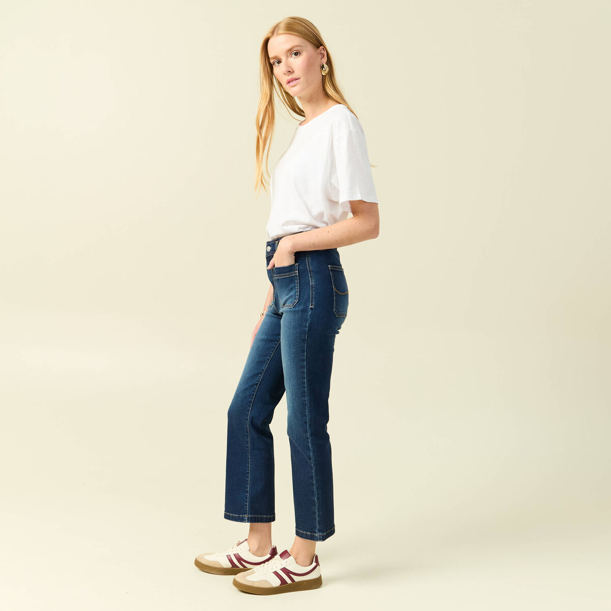 Jeans bootcut cropped taille haute denim brut femme