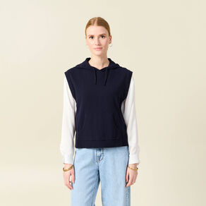 Pull sans manches capuche bleu marine femme