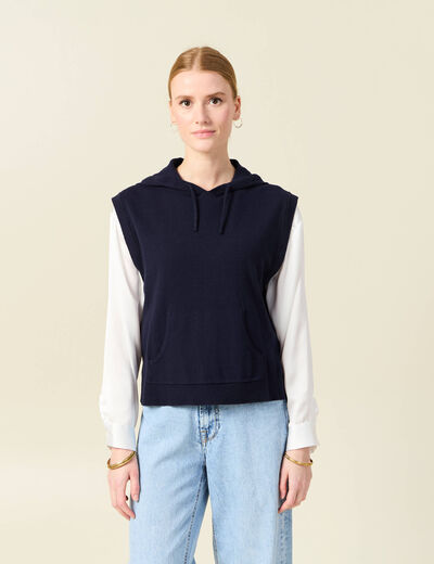 Pull sans manches capuche bleu marine femme