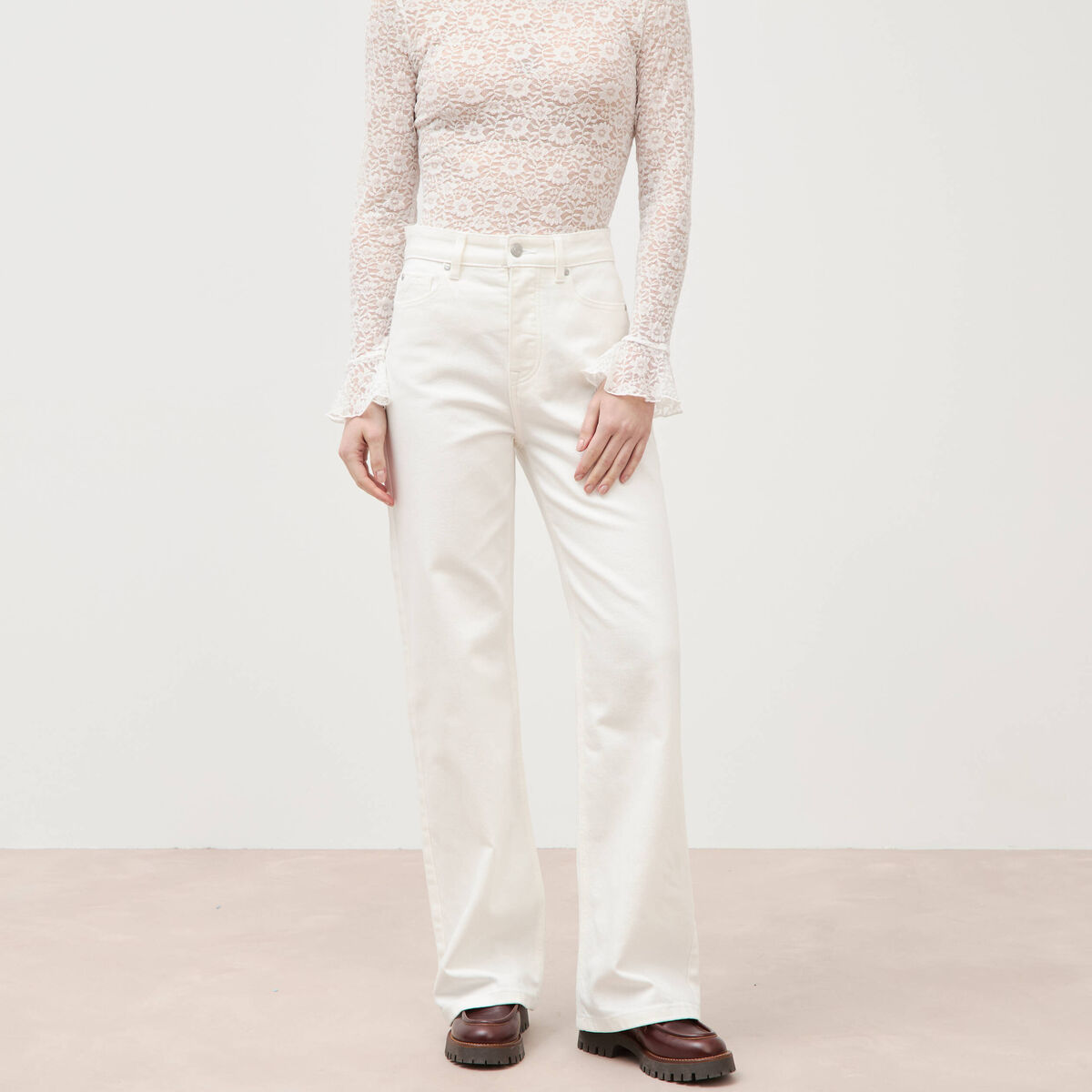 Jeans large taille haute denim blanc femme