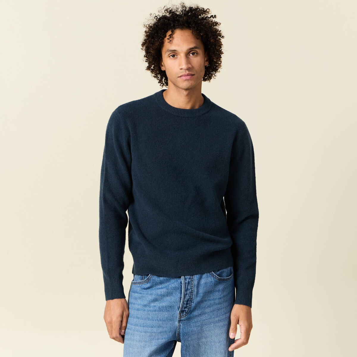 Pull manches longues col rond bleu marine homme