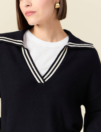 Pull col polo manches longues bleu marine femme