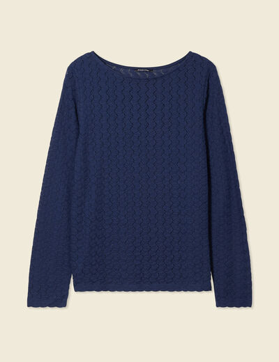 T-shirt manches longues ajouré bleu marine femme