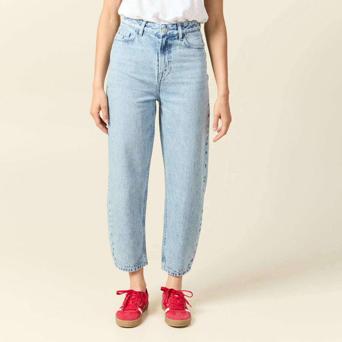 Jeans slouchy taille haute en coton denim bleach femme