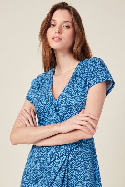 Robe midi droite drapée bleu femme