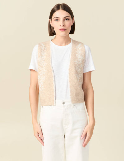Gilet sans manches col v brod&eacute; creme femme
