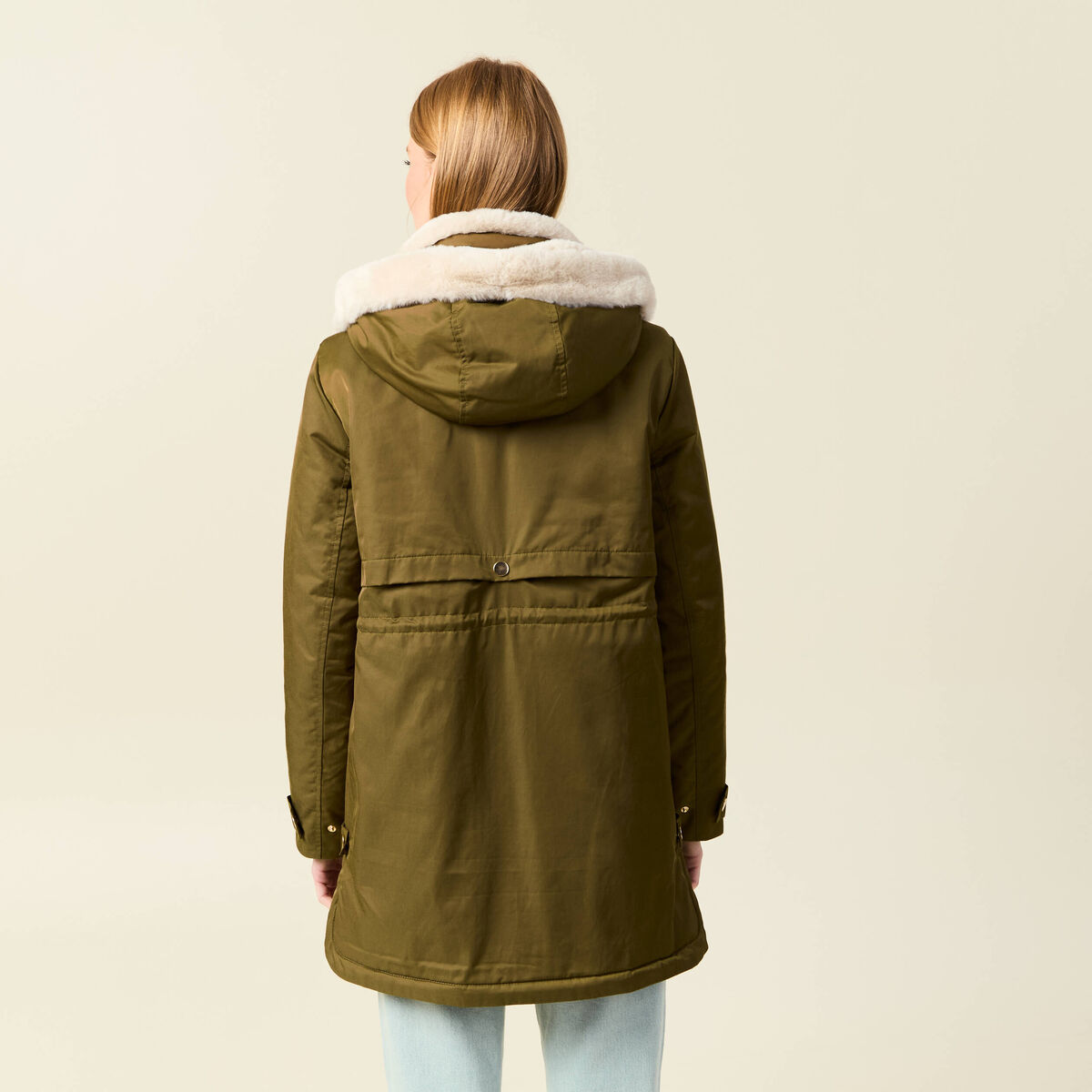 Parka droite &agrave; capuche vert kaki femme