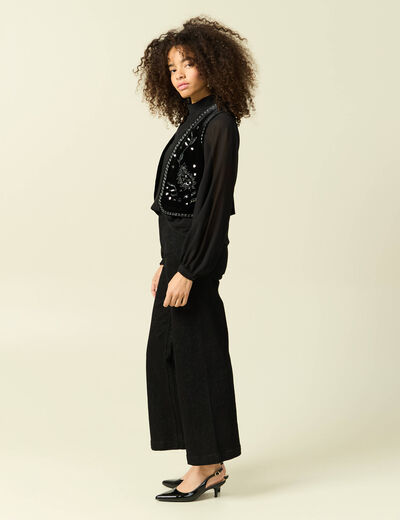 Veston court droit en velours noir femme