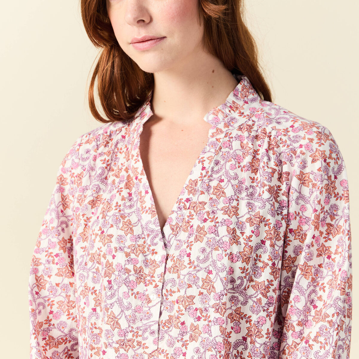 Blouse manches longues en coton orange corail femme