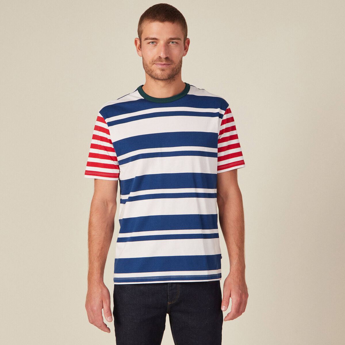 T-shirt ray&eacute; col rond manches courtes ecru homme