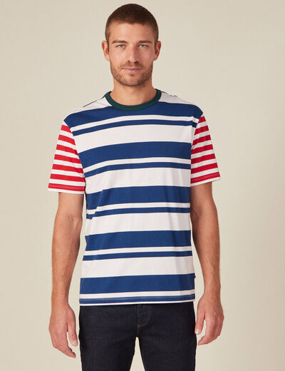 T-shirt ray&eacute; col rond manches courtes ecru homme