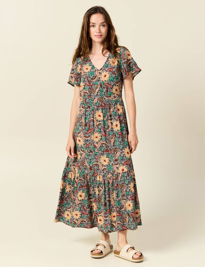 Robe longue évasée dos ouvert noir femme
