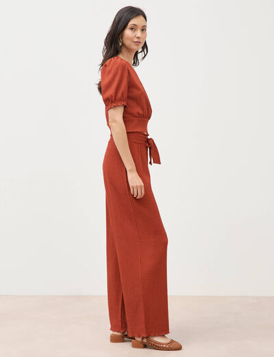 Blouse cropped manches courtes marron cognac femme