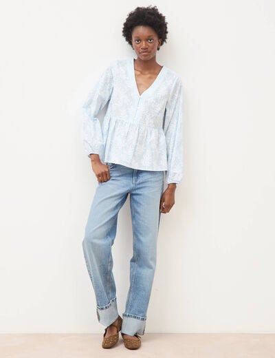 Chemise col v manches longues en coton blanc femme