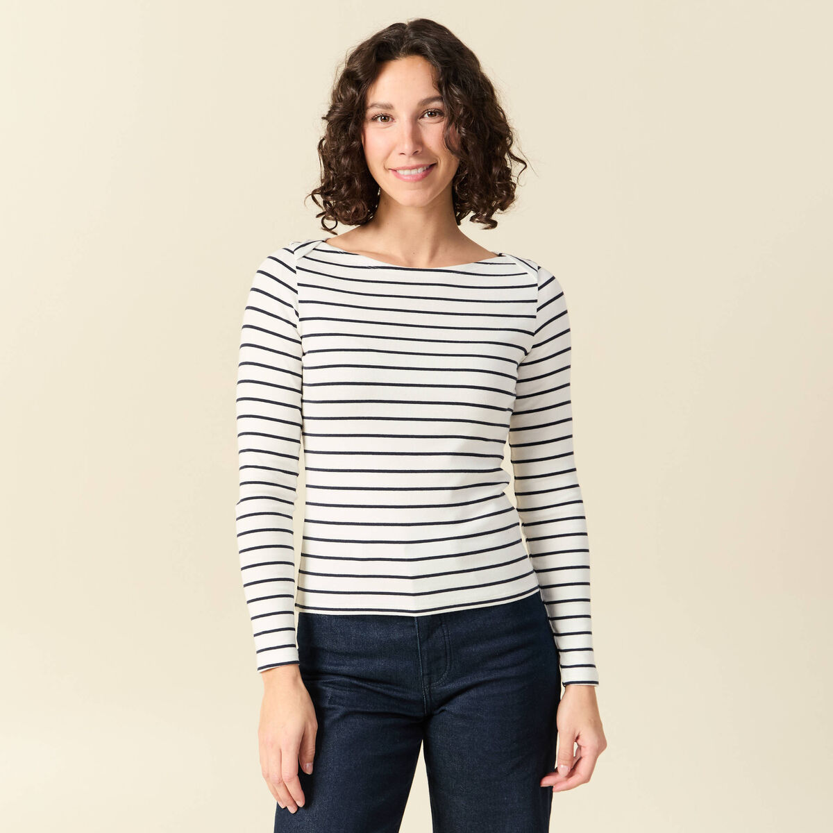 T-shirt ray&eacute; ajust&eacute; manches longues bleu femme