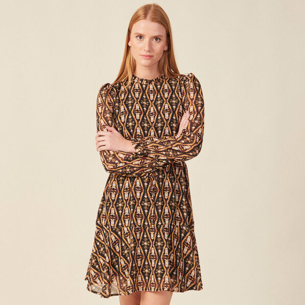 Robe trapèze col montant camel femme