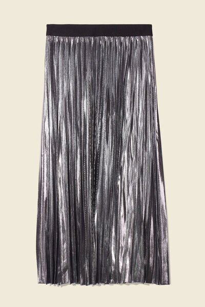 Jupe midi évasée plissée gris argent femme
