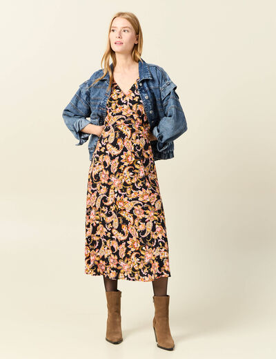 Robe midi évasée manches 3/4 noir femme
