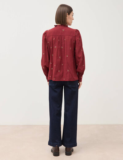 Chemise manches longues en coton brod&eacute;e bordeaux femme