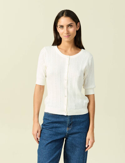 Gilet manches coude col rond ecru femme