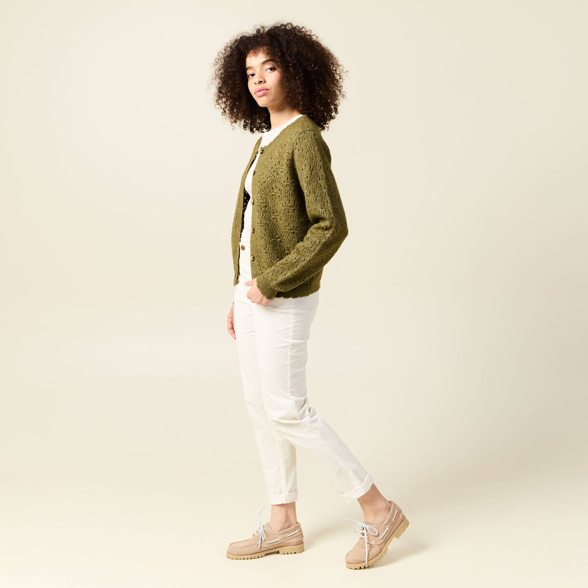 Gilet manches longues col rond vert kaki femme