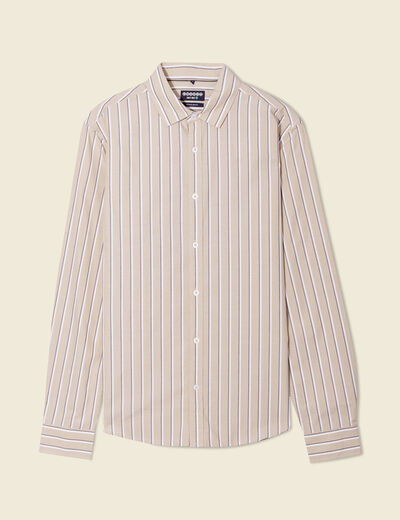 Chemise ray&eacute;e en coton manches longues beige homme