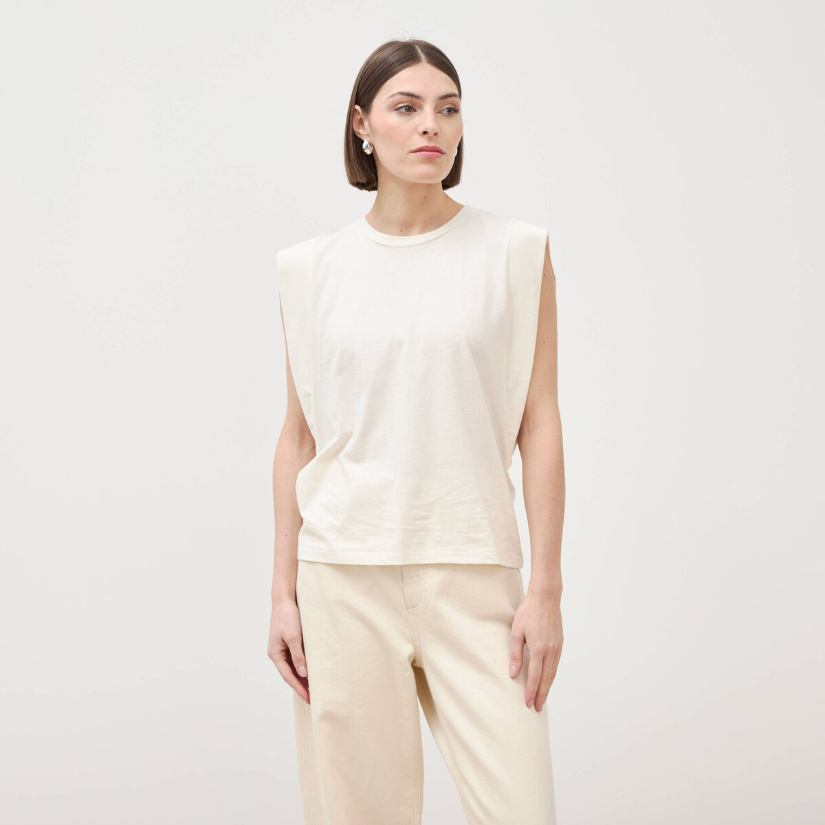 T-shirt en coton sans manches creme femme