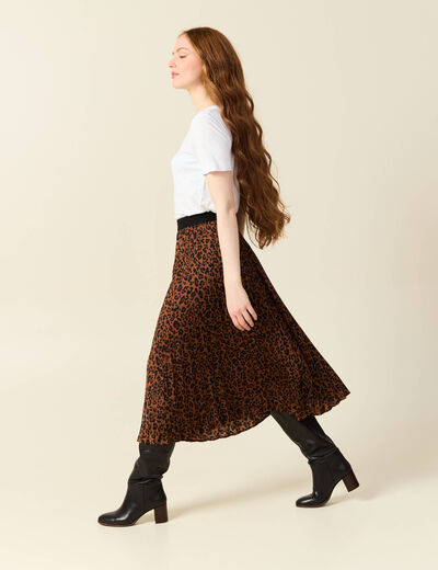 Jupe longue droite plissée marron foncé femme