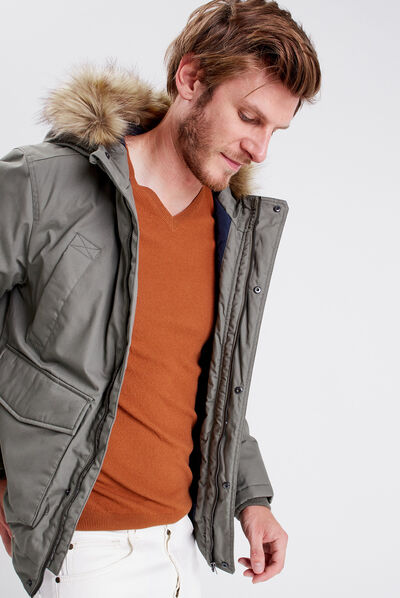 Blouson droit à capuche vert kaki homme