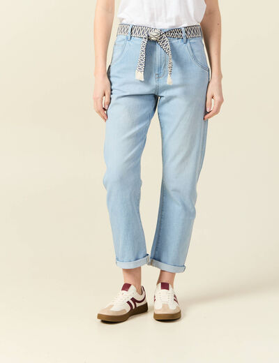 Jeans boyfriend ceinturé denim bleach femme