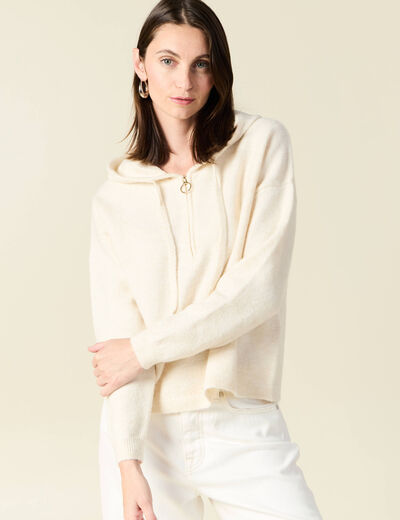 Pull &agrave; capuche zipp&eacute; creme femme