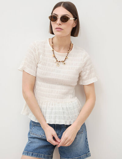 T-shirt cintr&eacute; fronc&eacute; manches courtes ivoire femme
