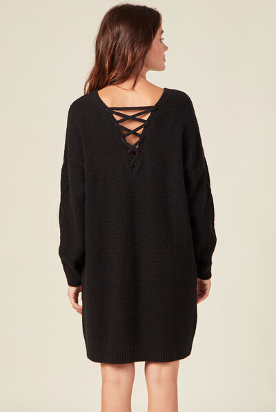 Robe pull droite torsades noir femme