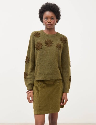 Pull manches longues col rond vert olive femme