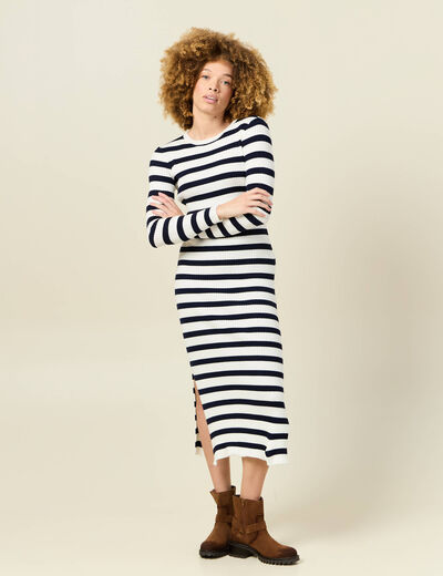 Robe tricot longue ajustée bleu marine femme