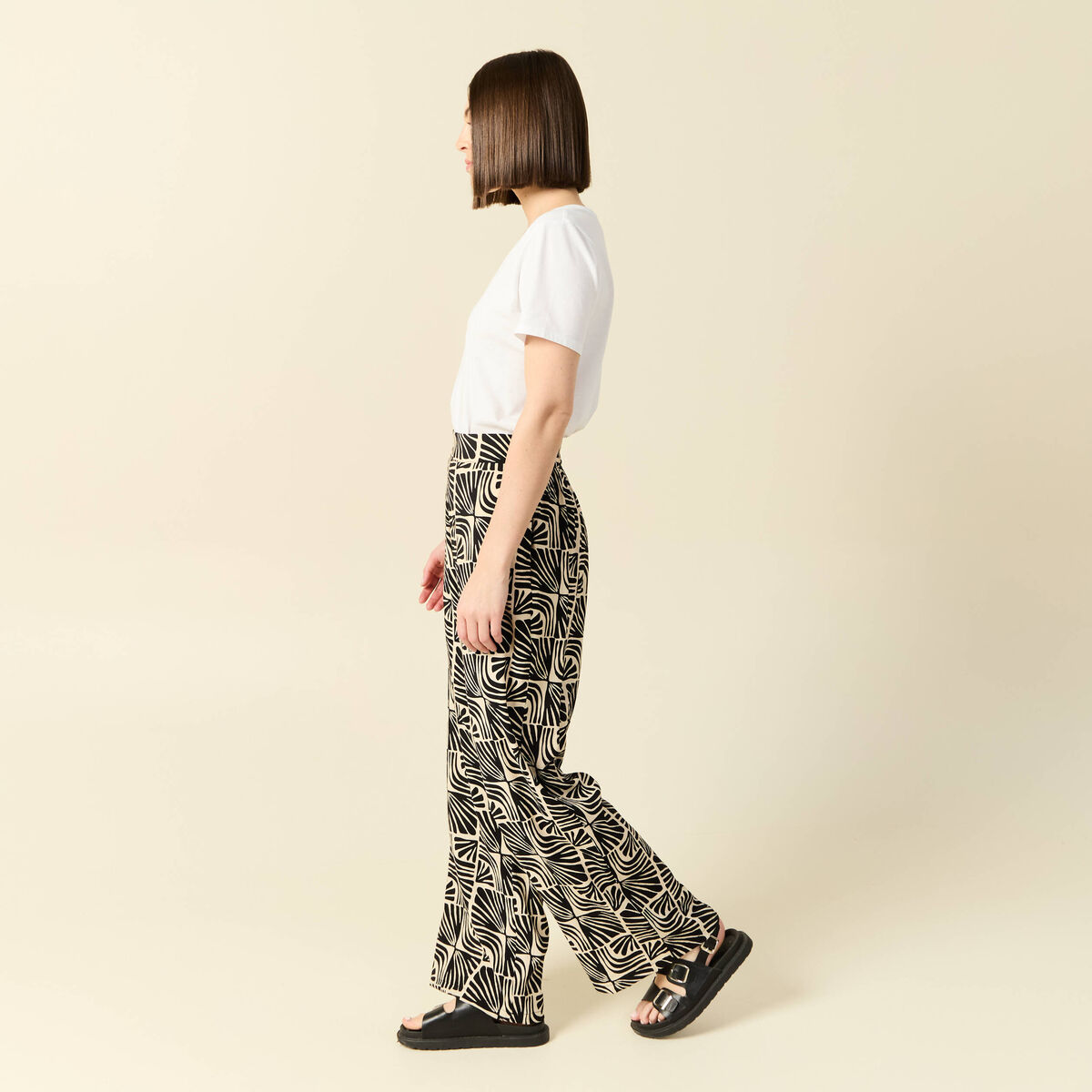 Pantalon large taille haute creme femme