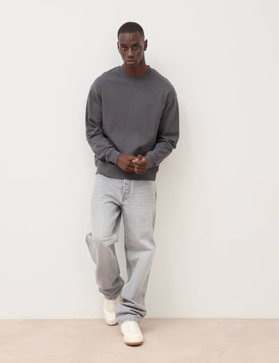 Sweat col rond manches longues en coton gris fonc&eacute; homme