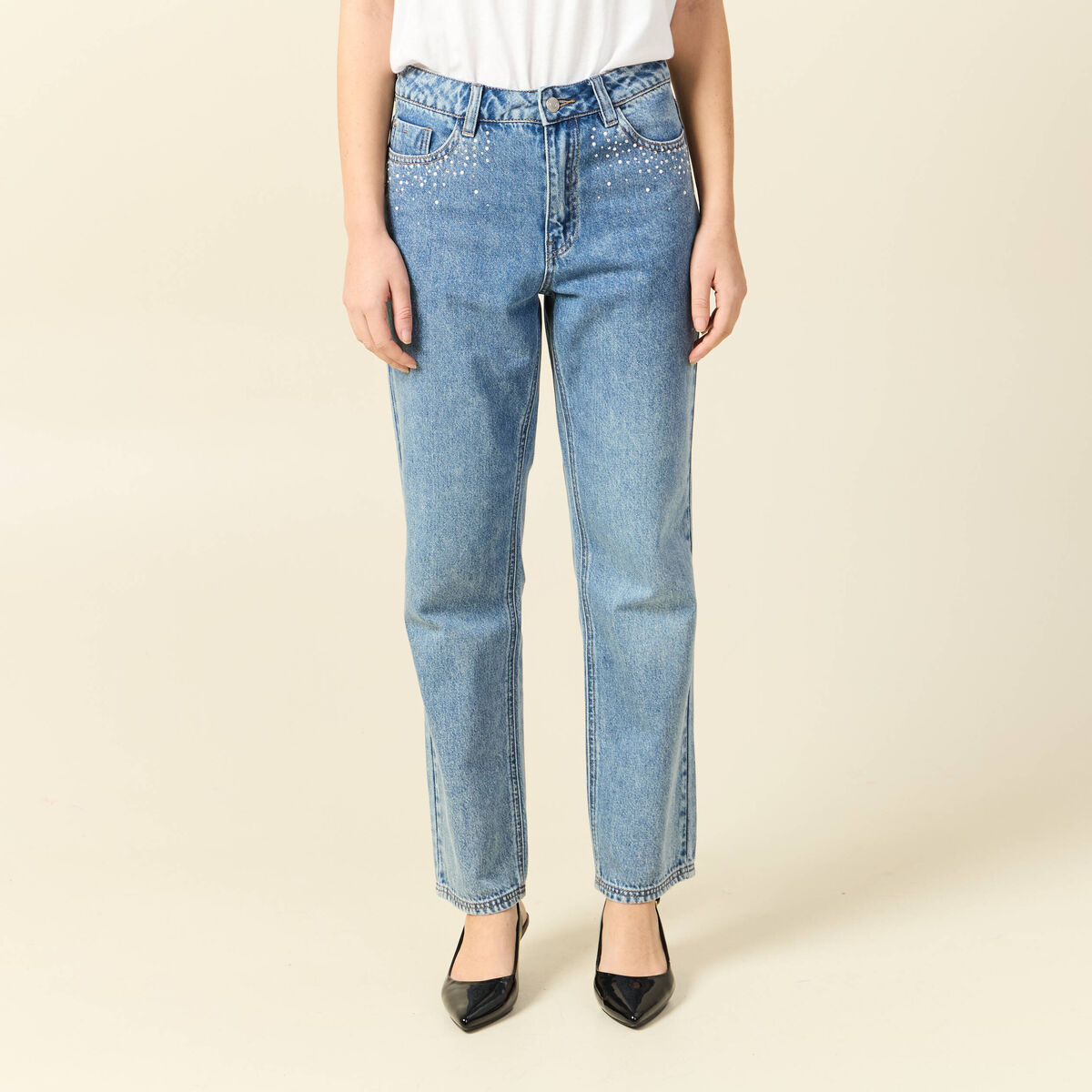 Jeans taille haute avec strass denim used femme