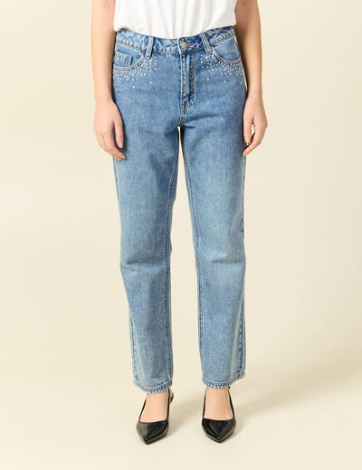 Jeans taille haute avec strass denim used femme