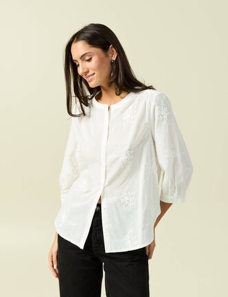 Chemise en coton manches 3/4 ecru femme