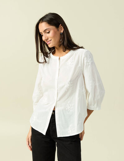 Chemise en coton manches 3/4 ecru femme