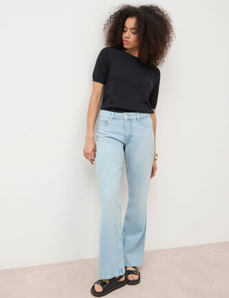 Jeans wide leg taille bascul&eacute;e bleu femme